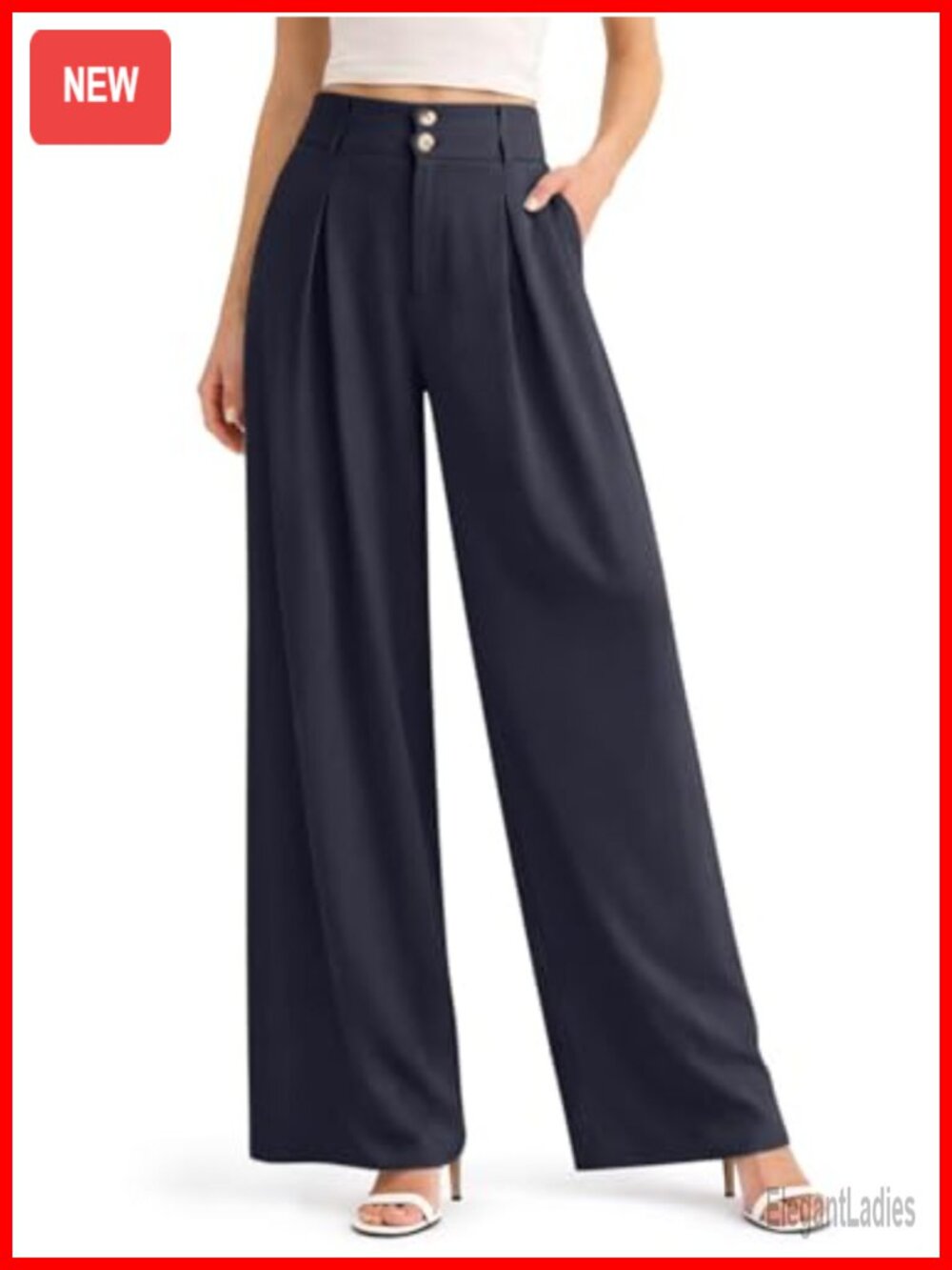 Wide Leg High Waisted Pleated Button Dress Work Pants Pockets